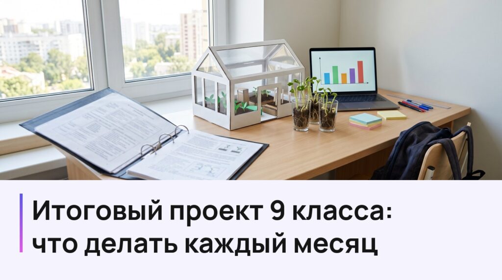 Итоговый проект 9 класса: что делать каждый месяц — стол школьника с макетом теплицы, ростками фасоли и графиком на ноутбуке