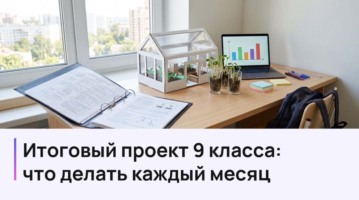 Итоговый проект 9 класса: что делать каждый месяц — стол школьника с макетом теплицы, ростками фасоли и графиком на ноутбуке