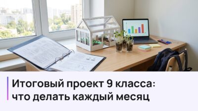 Итоговый проект 9 класса: что делать каждый месяц — стол школьника с макетом теплицы, ростками фасоли и графиком на ноутбуке