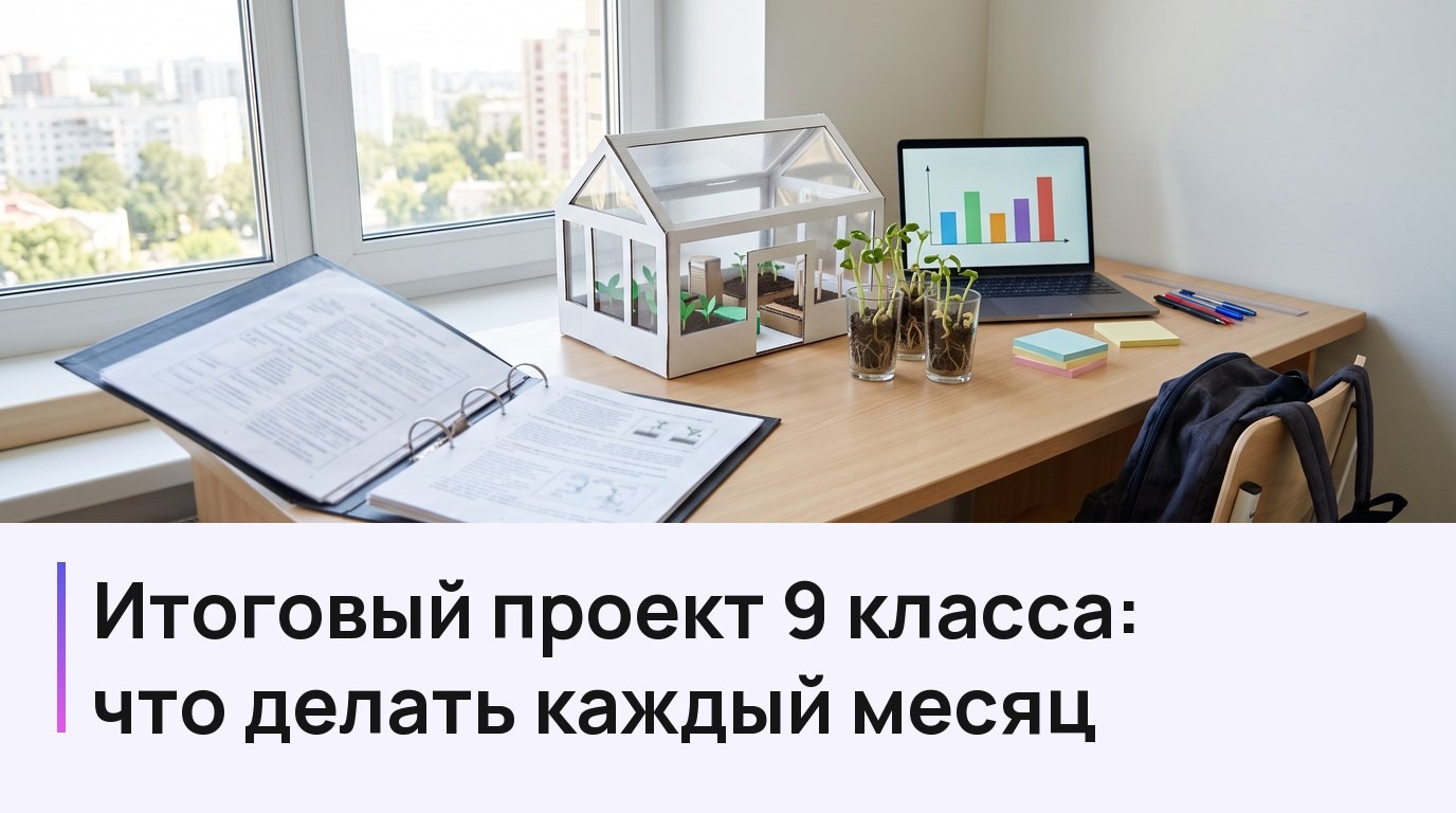 Итоговый проект 9 класса: что делать каждый месяц — стол школьника с макетом теплицы, ростками фасоли и графиком на ноутбуке