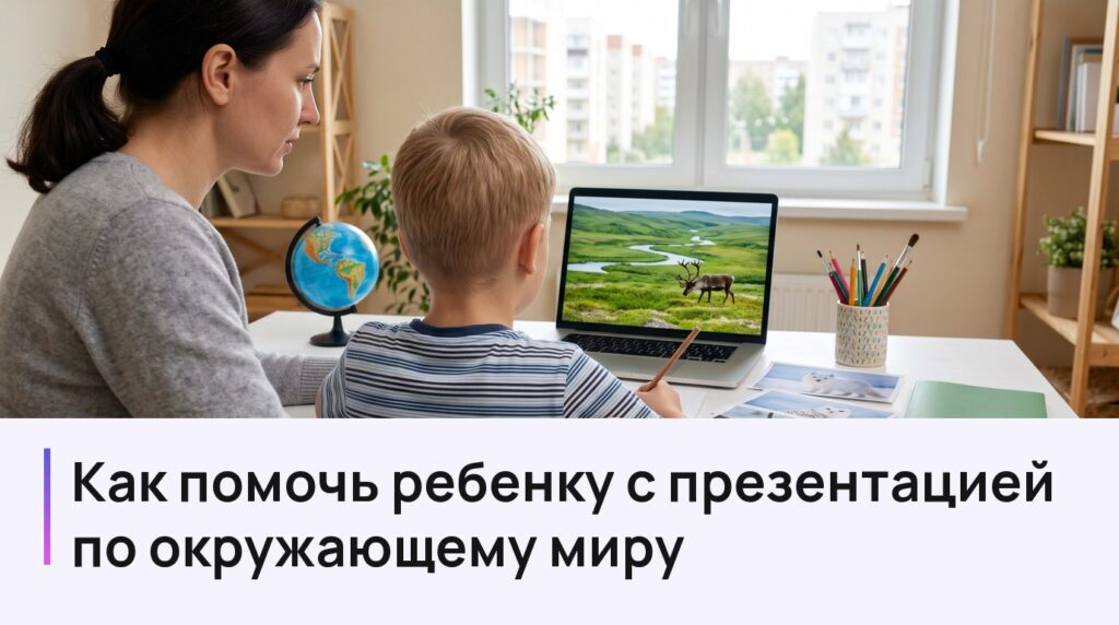 Мама и сын делают презентацию по окружающему миру: на ноутбуке слайд с тундрой и северным оленем