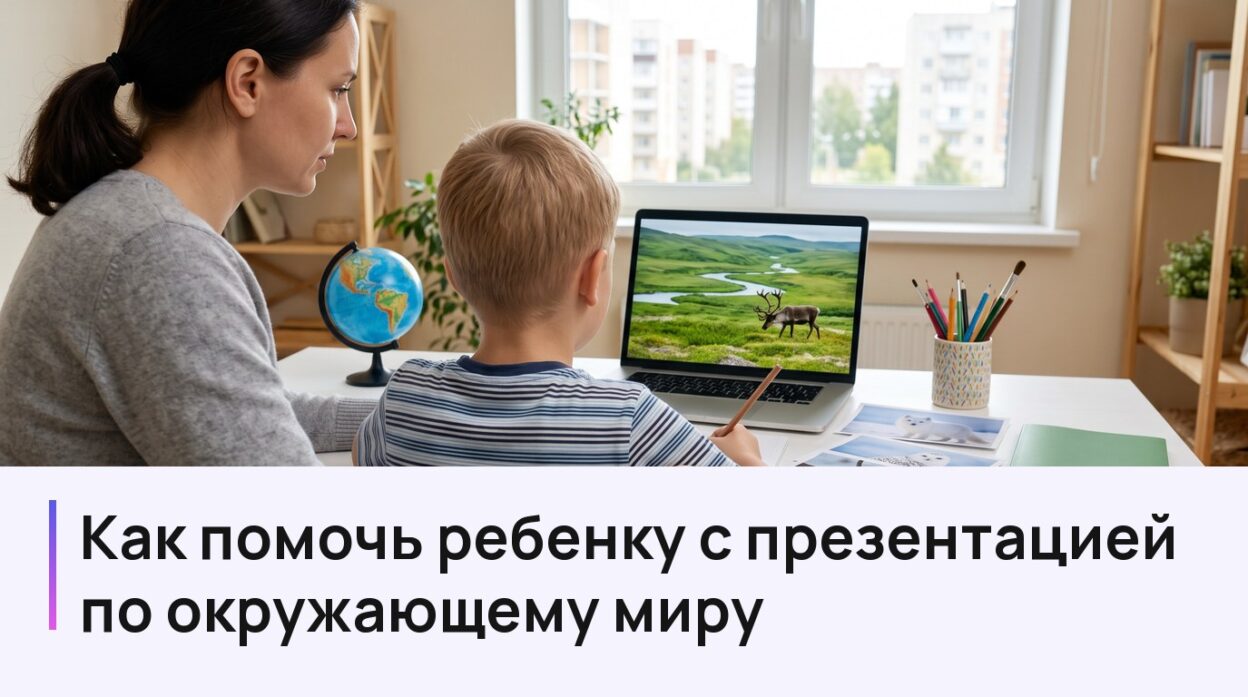 Мама и сын делают презентацию по окружающему миру: на ноутбуке слайд с тундрой и северным оленем