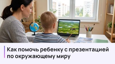 Мама и сын делают презентацию по окружающему миру: на ноутбуке слайд с тундрой и северным оленем