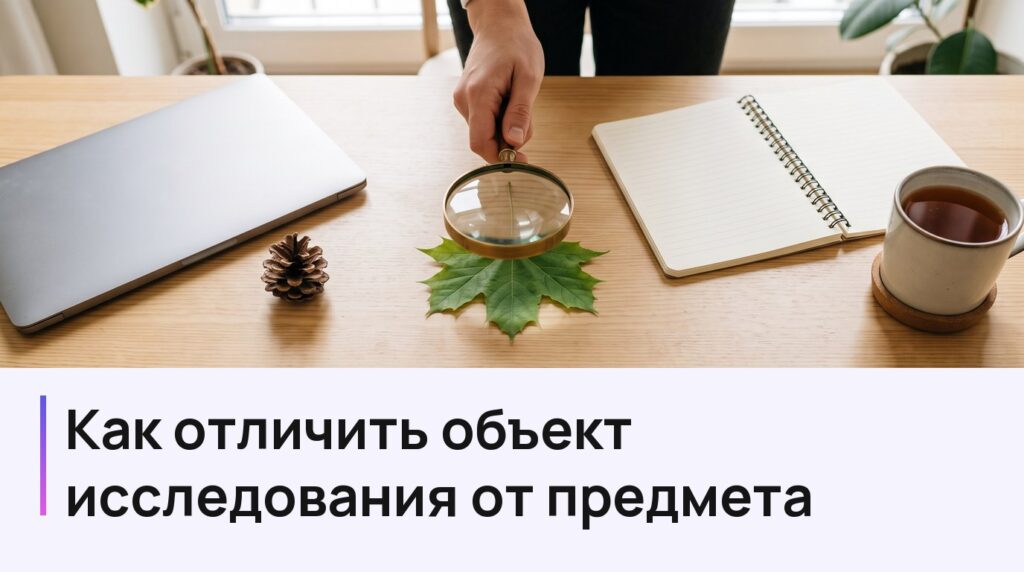 Рука с лупой над кленовым листом на письменном столе, подпись: Как отличить объект исследования от предмета