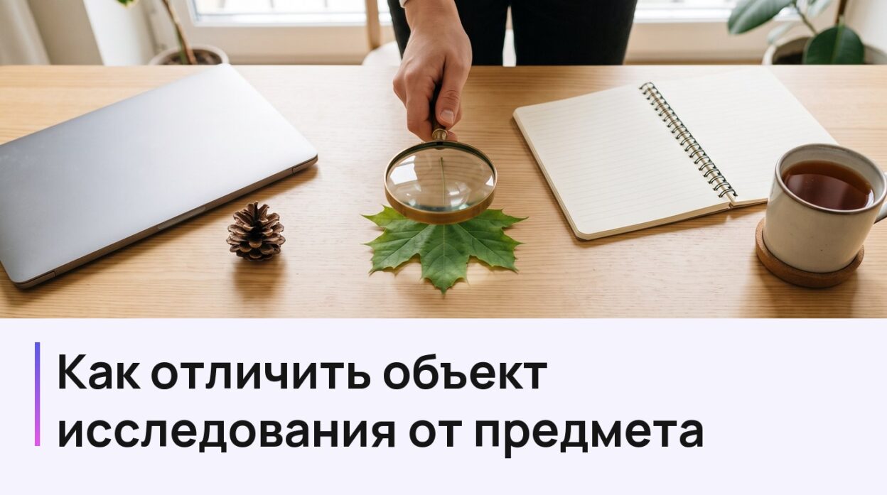 Рука с лупой над кленовым листом на письменном столе, подпись: Как отличить объект исследования от предмета