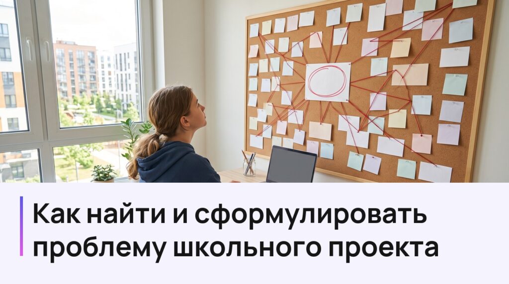 Обложка статьи о проблеме школьного проекта: школьница у доски с карточками ищет проблему проекта