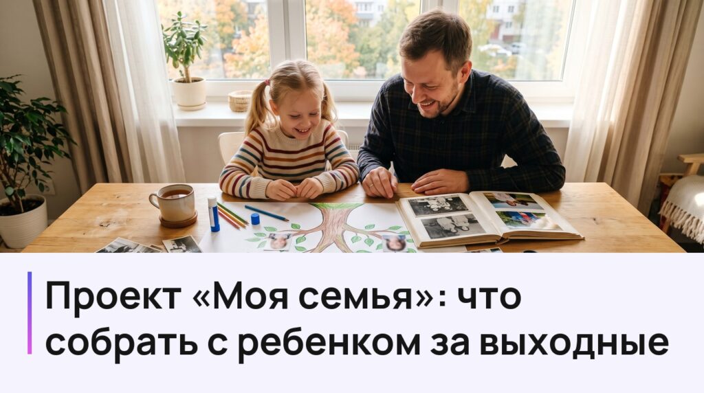 Отец и дочь за столом собирают проект «Моя семья»: родословное древо и семейный альбом