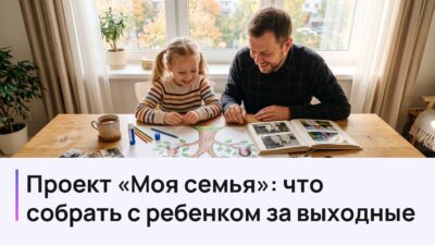 Отец и дочь за столом собирают проект «Моя семья»: родословное древо и семейный альбом
