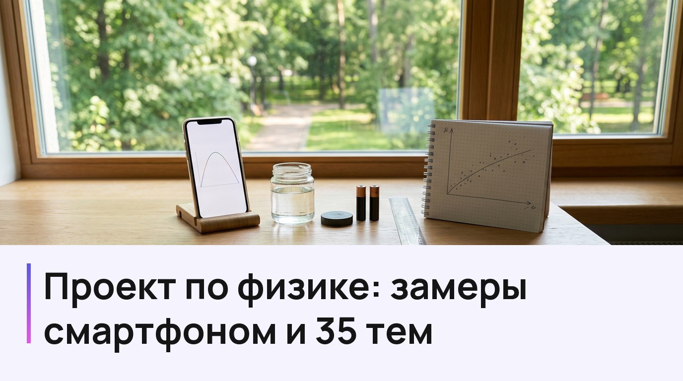 Стол у окна со смартфоном на подставке, банкой воды, батарейками, магнитом и графиком в блокноте
