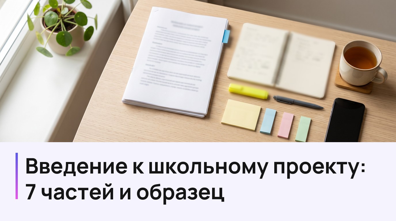 Стол с распечатанным школьным проектом, блокнотом и стикерами; надпись: Введение к школьному проекту: что писать и образец