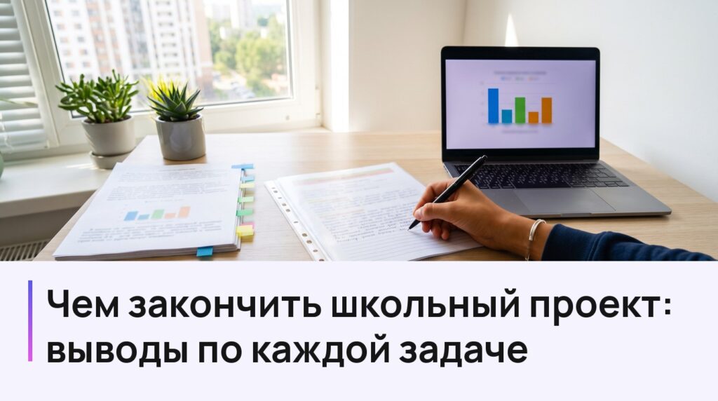 Стол с распечатанным школьным проектом, рукописным заключением и ноутбуком